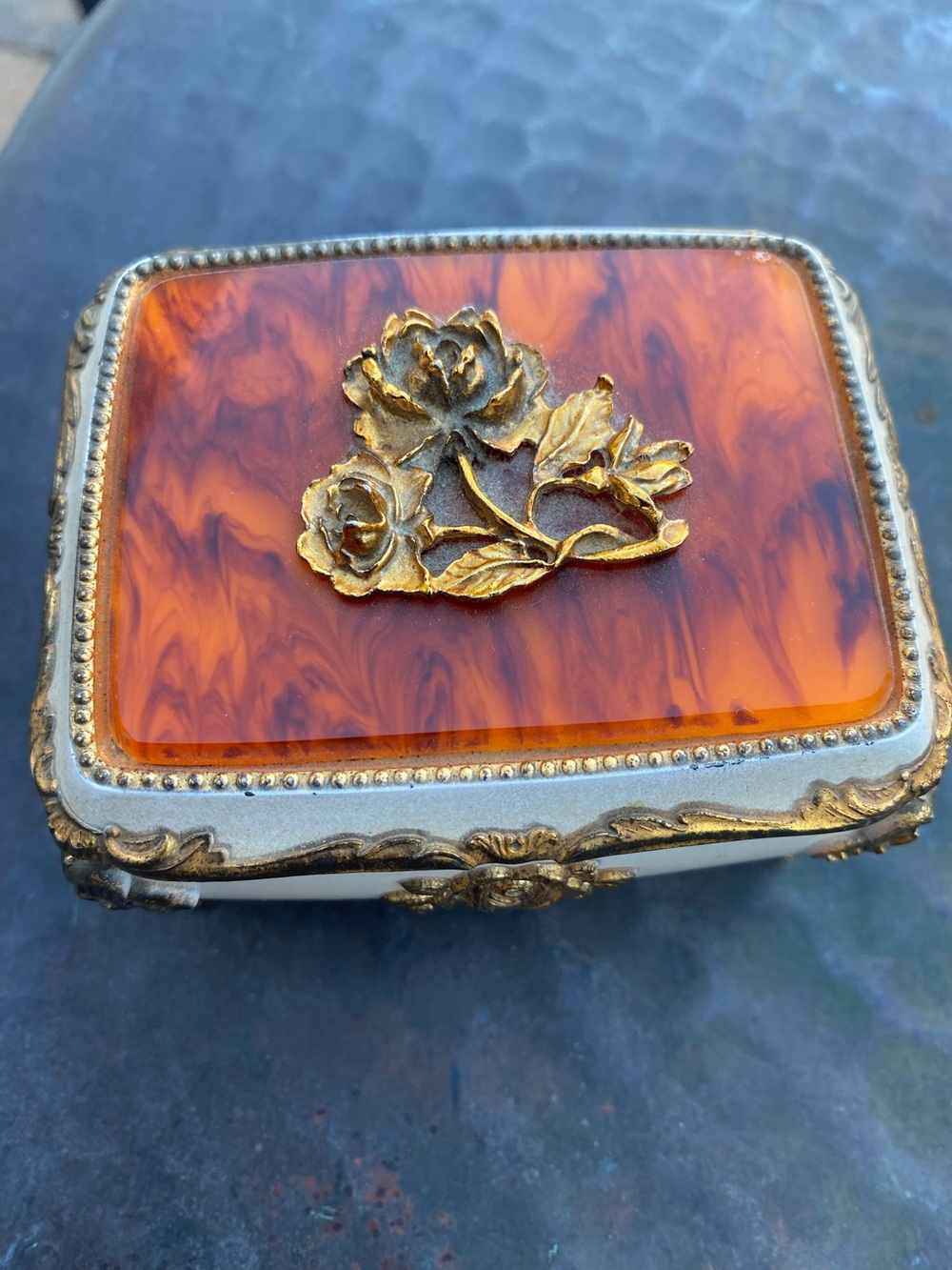 Vintage Japanese Trinket Jewelry Box with  Gold Rose Ornate Metal Frame